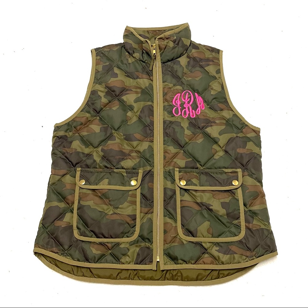 J. Crew XL Vest Green Excursion Quilted Down Fill Camo Zip Pockets Womens